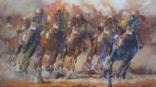 'Horse race', signed: 'R. Sandford', palette knife, oil on mesonite, framed and glazed, (28x57 cm).