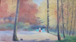 A couple in a landscape, signed: 'G. Michel', oil on canvas, (25x45 cm).