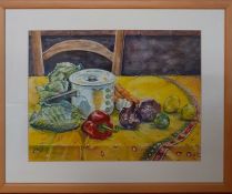 Katie Andrews, "Still life with yellow cloth", signed with initials, from the personal collection of