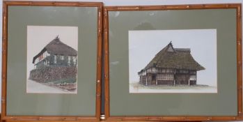 A 20th century Japanese school, 'Traditional house', signed, watercolour, within a faux bamboo frame