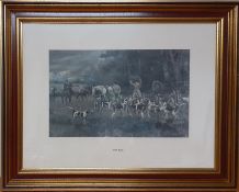 A print after Gilbert Scott Wright (1880-1958), "The kill", framed and glazed (34x55 cm).
