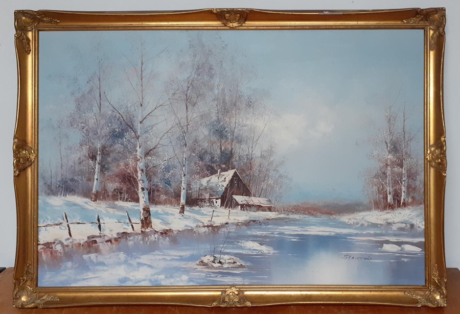 'Snowy landscape', oil on canvas signed 'Striccoli', framed (59x90 cm). - Image 2 of 3
