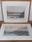 A pair of hand-coloured prints depicting Windsor Castle, framed and glazed, (22x41 cm largest). (2)