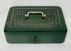 A metal cash box with geometric design
