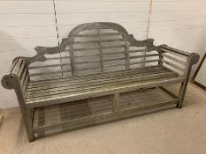 A garden three seater wooden slatted bench with scrolled arms (H100cm W200cm)