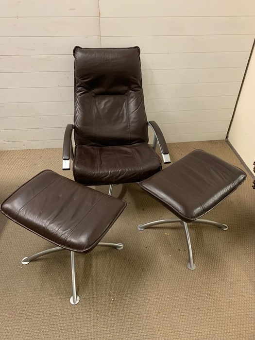 A Mid Century lounge chair with tubular frame with two ottomans and brown leather upholstery - Image 2 of 2