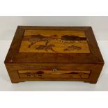 An inlaid wooden box with a savanna theme to the top and sides