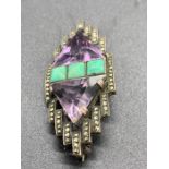 Theodor Fahrner Art Deco Brooch designed by Gustav Braendle Jr. Amazonite, Amethysts & Marcasites.