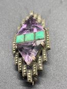 Theodor Fahrner Art Deco Brooch designed by Gustav Braendle Jr. Amazonite, Amethysts & Marcasites.