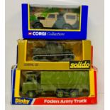 Three boxed army trucks to include Foden army truck, General lee and Landrover
