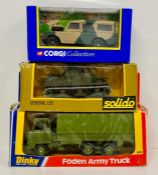 Three boxed army trucks to include Foden army truck, General lee and Landrover