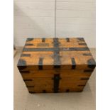 A Steel Banded pine travel or silver trunk with inset removable shelf etc (H66cm W80cm D50cm)