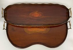 Two Sheraton style mahogany trays with shell inlaid design, galleried.