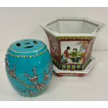 An oriental famille verte plant pot and stand along with a turquoise incense jar with cherry blossom