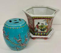 An oriental famille verte plant pot and stand along with a turquoise incense jar with cherry blossom