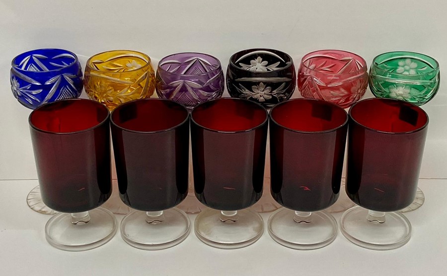Five ruby laminarc France wine glasses and six coloured cut cocktail glasses