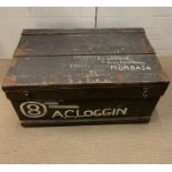 A vintage wooden and metal bounded travel trunk (H49cm W92cm D54cm)