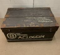 A vintage wooden and metal bounded travel trunk (H49cm W92cm D54cm)