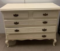 A white French style chest of drawers on cabriole legs (H96cm W110cm D47cm)