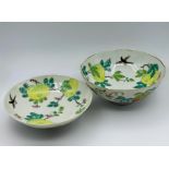 A porcelain bowl and saucer, with butterflies and fruit trees (H8cm Dia14cm Bowl) (H5cm Dia 13cm)