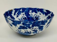 A blue and white oriental bowl, with attendants in garden (H12cm Dia25cm)Condition Report Chip and