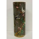 An oriental brush pot with cherry trees, blossom birds and lotus flowers, markers mark to base (