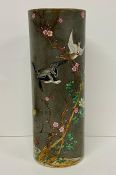 An oriental brush pot with cherry trees, blossom birds and lotus flowers, markers mark to base (