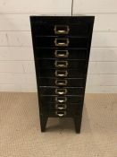 A vintage metal filing drawers on legs (H75cm W28cm D38cm)