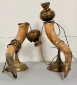 A pair of horn and brass gas lamps AF