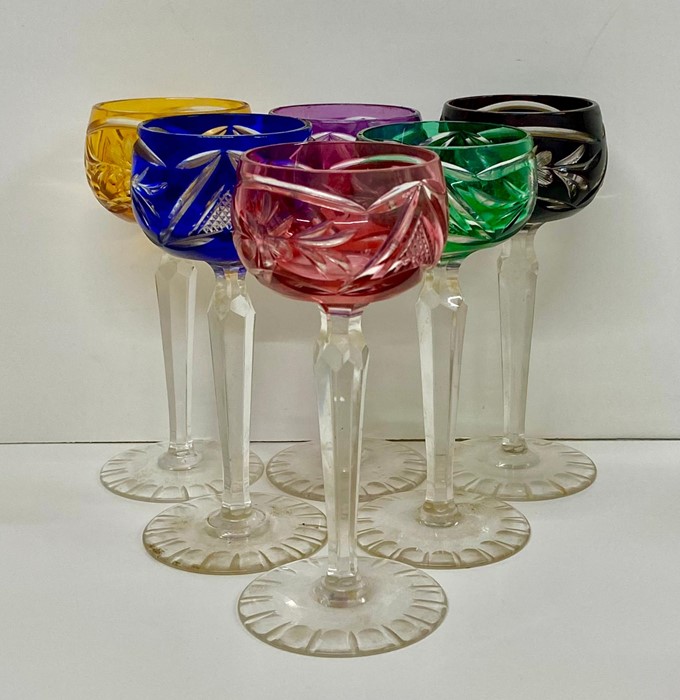 Five ruby laminarc France wine glasses and six coloured cut cocktail glasses - Image 2 of 5