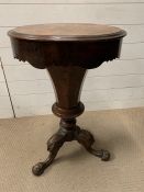 A Victorian lady's work table, the fitted well with lining on turned column and three cabriole