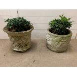 Two garden planters, one with lattice decoration to side and one with woodland (H37cm and H32cm\0