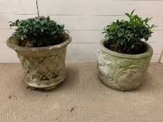 Two garden planters, one with lattice decoration to side and one with woodland (H37cm and H32cm\0