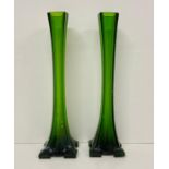 A pair of green 1970's tall vases on square base