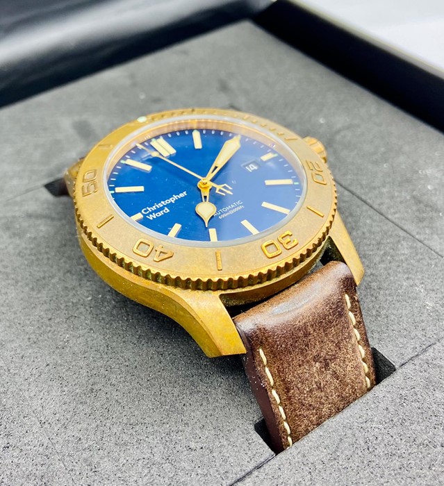 A Christopher Ward C60 Trident Pro 600 Bronze on brown vintage oak leather on dress clasp with