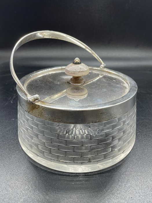 A Silver lidded and handles glass biscuit barrel. - Image 3 of 3