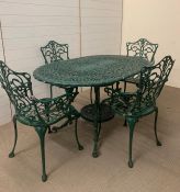 A Garden metal table set with four chairs in green, (137cm Long by 92cm Wide)