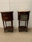 Two marble top side tables (H82cm W45 D36cm) (Door missing to one)