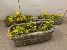 Three long cast stone/concrete planters