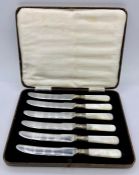 A cased set of six stainless steel and mother of pearl butter knives