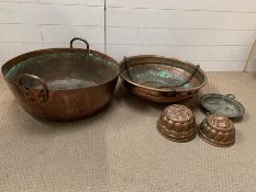 Two large copper cooking pots (Two handle pot Dia 62cm) (Hanging pot Dia55cm)