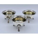 Three silver salts on hoof legs by Josiah Williams & Co, London 1906 (65g Total Weight)