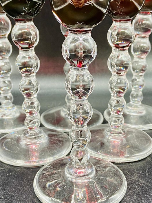 A set of six cranberry champagne flutes with bubble stems - Image 3 of 4