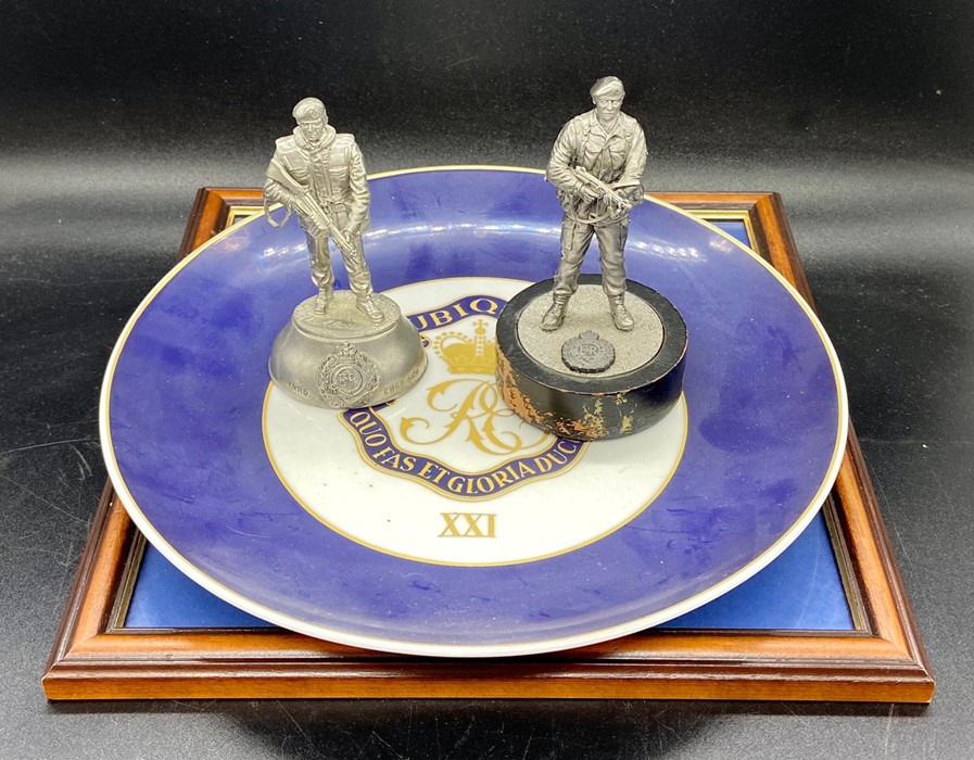 Four items of Royal Engineers memorabilia, to include a plate, silk and two figurines.