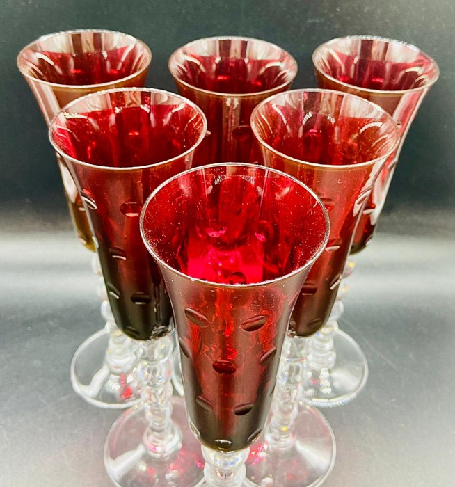 A set of six cranberry champagne flutes with bubble stems - Image 4 of 4