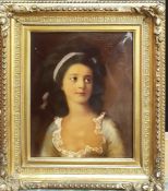 A 19th century English underglass print, 'Portrait of a lady with ribbon', within an original