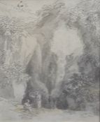Anthony Thomas Devis (1729-1817) British, "Waterfall with two monks", titled on a 'Sabine