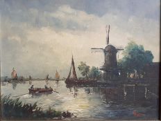 A 20th century Continental School, 'Moonlit river scene with a windmill', illegibly signed: '
