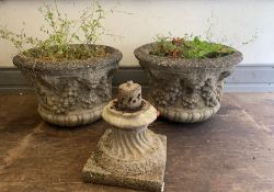 A pair of reclaimed garden planters with vine and grapes decoration (H40cm Dia57cm)