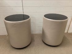 A pair of contemporary drum side tables with faux leather and glass top (H60cm Dia45cm)